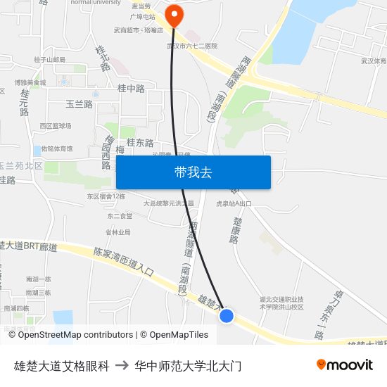 雄楚大道艾格眼科 to 华中师范大学北大门 map