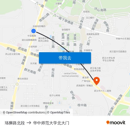 珞狮路北段 to 华中师范大学北大门 map