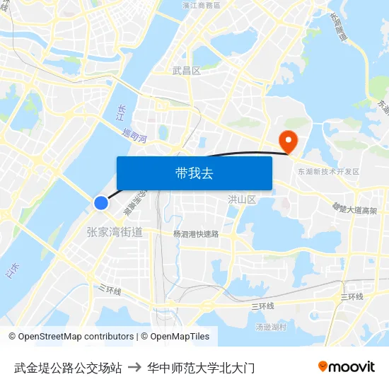 武金堤公路公交场站 to 华中师范大学北大门 map