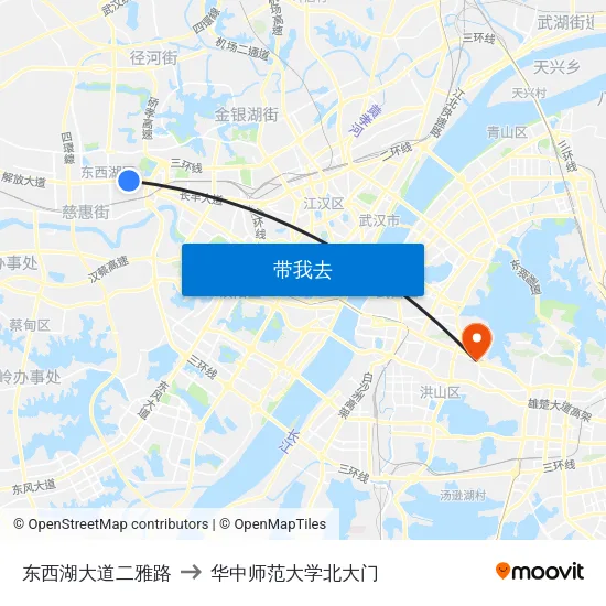 东西湖大道二雅路 to 华中师范大学北大门 map