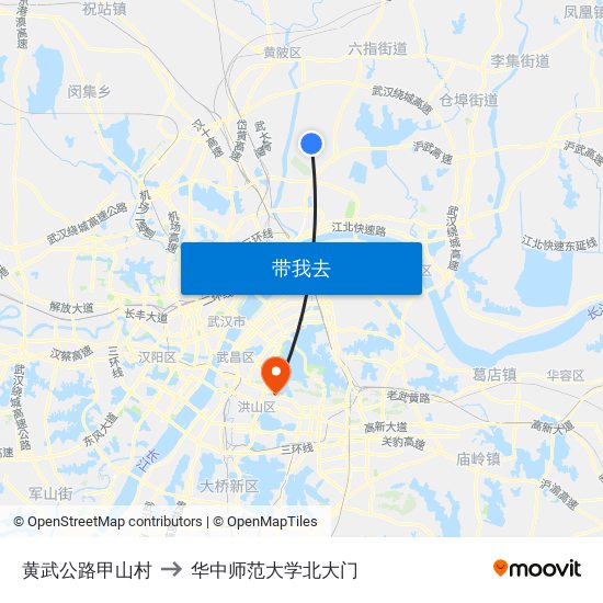 黄武公路甲山村 to 华中师范大学北大门 map