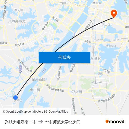 兴城大道汉南一中 to 华中师范大学北大门 map