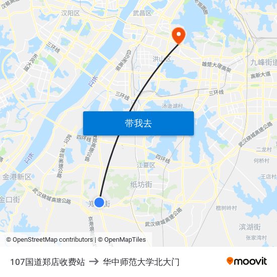 107国道郑店收费站 to 华中师范大学北大门 map