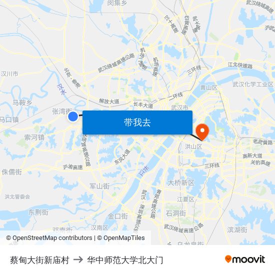 蔡甸大街新庙村 to 华中师范大学北大门 map