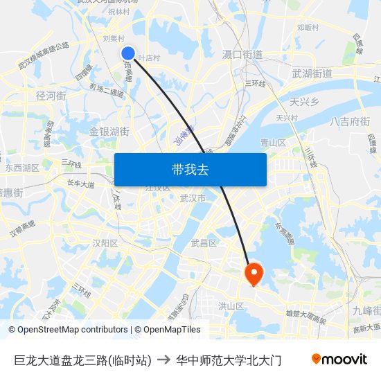 巨龙大道盘龙三路(临时站) to 华中师范大学北大门 map