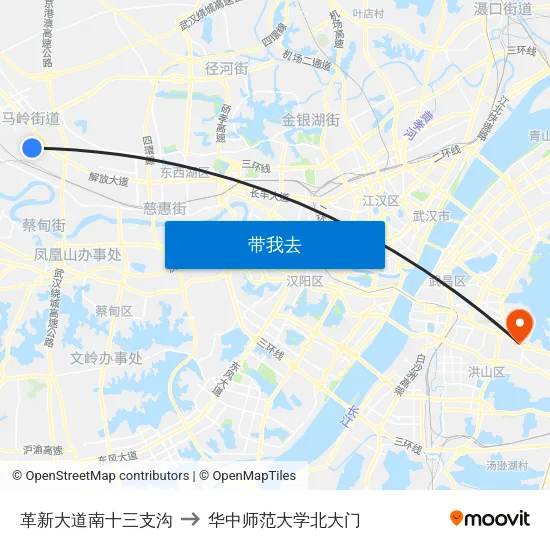革新大道南十三支沟 to 华中师范大学北大门 map