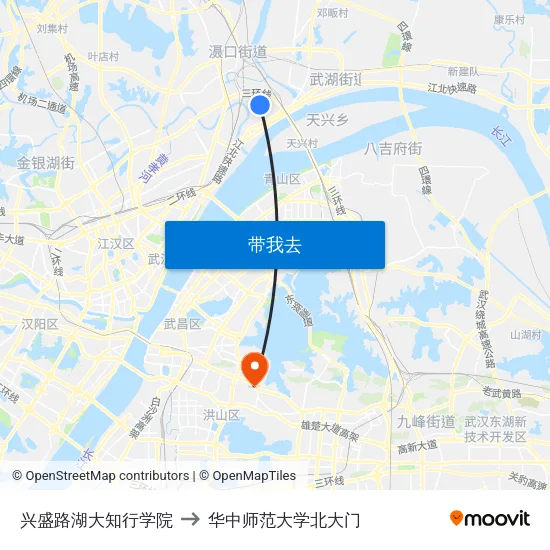 兴盛路湖大知行学院 to 华中师范大学北大门 map