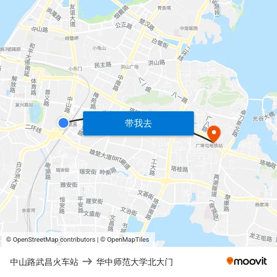 中山路武昌火车站 to 华中师范大学北大门 map