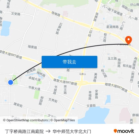 丁字桥南路江南庭院 to 华中师范大学北大门 map
