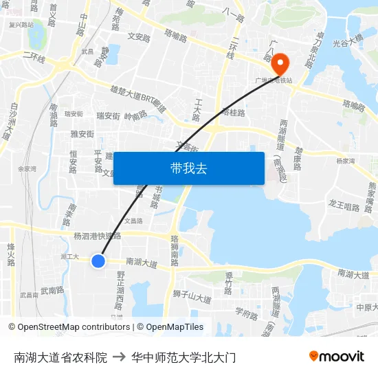 南湖大道省农科院 to 华中师范大学北大门 map