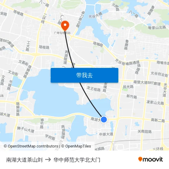 南湖大道茶山刘 to 华中师范大学北大门 map