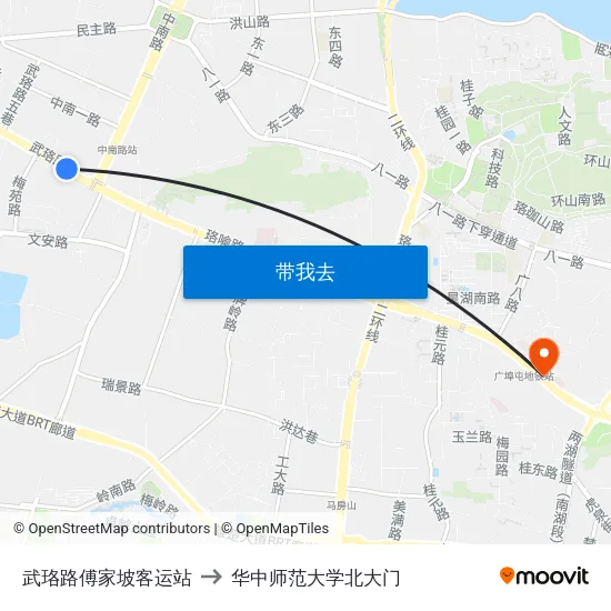 武珞路傅家坡客运站 to 华中师范大学北大门 map