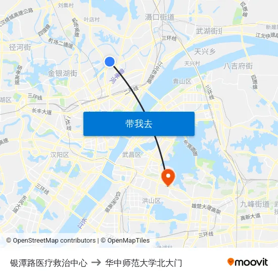 银潭路医疗救治中心 to 华中师范大学北大门 map