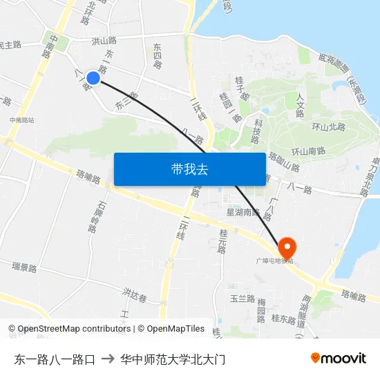 东一路八一路口 to 华中师范大学北大门 map