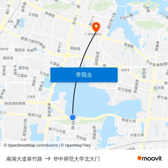 南湖大道翠竹路 to 华中师范大学北大门 map