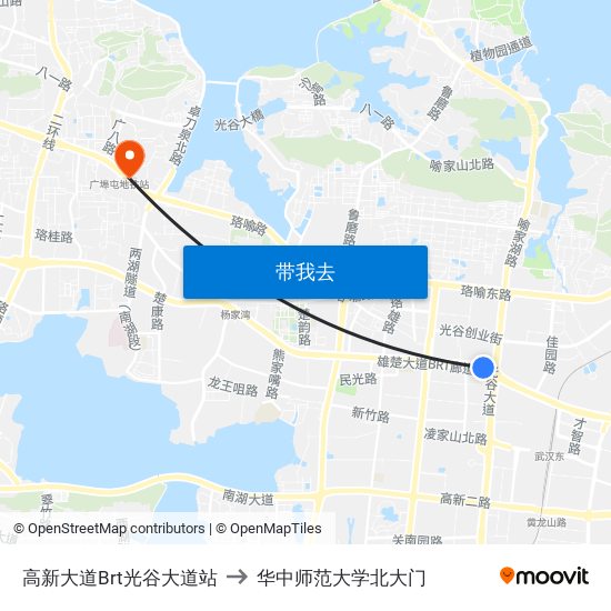 高新大道Brt光谷大道站 to 华中师范大学北大门 map