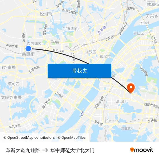 革新大道九通路 to 华中师范大学北大门 map