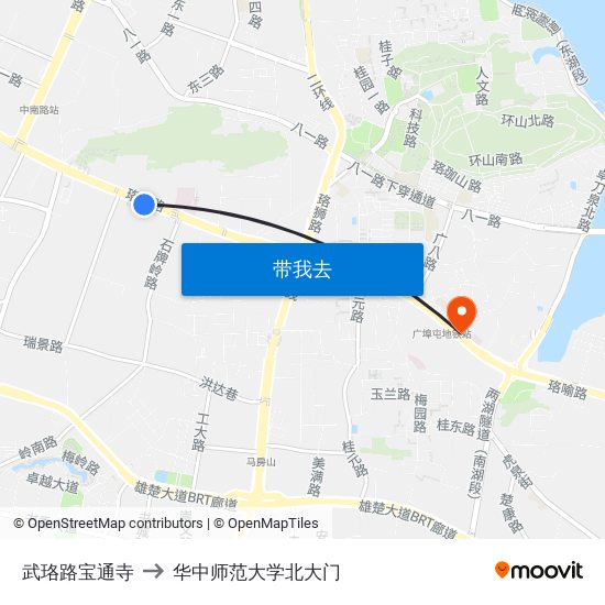 武珞路宝通寺 to 华中师范大学北大门 map