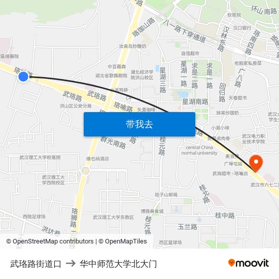 武珞路街道口 to 华中师范大学北大门 map