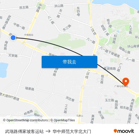 武珞路傅家坡客运站 to 华中师范大学北大门 map