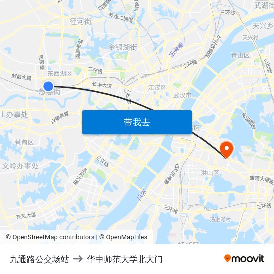 九通路公交场站 to 华中师范大学北大门 map