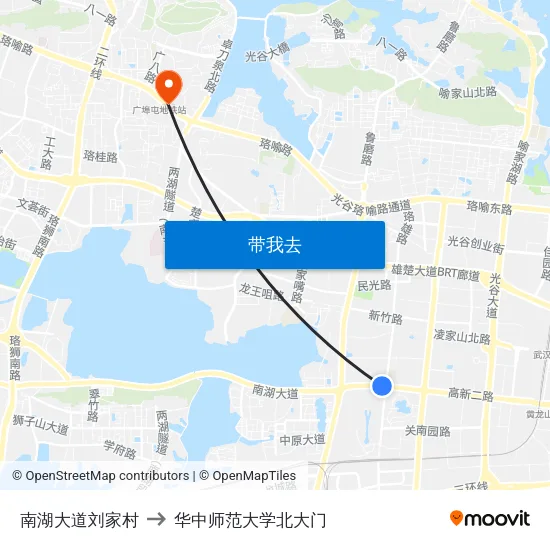 南湖大道刘家村 to 华中师范大学北大门 map