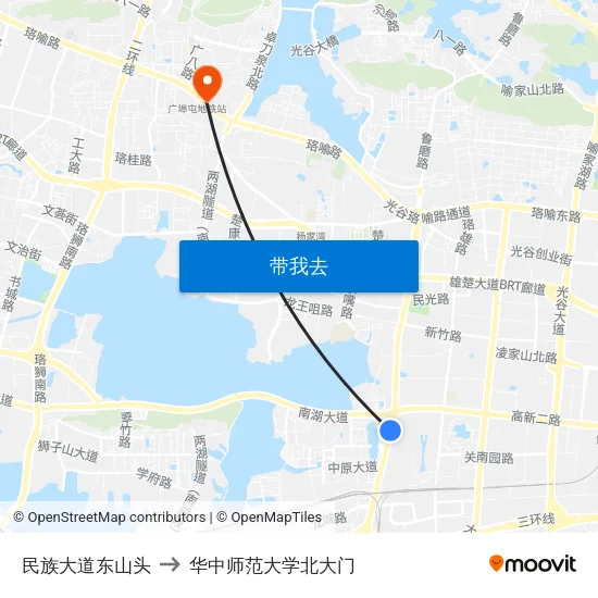 民族大道东山头 to 华中师范大学北大门 map