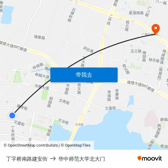 丁字桥南路建安街 to 华中师范大学北大门 map