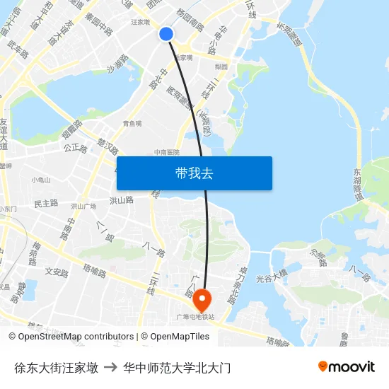徐东大街汪家墩 to 华中师范大学北大门 map
