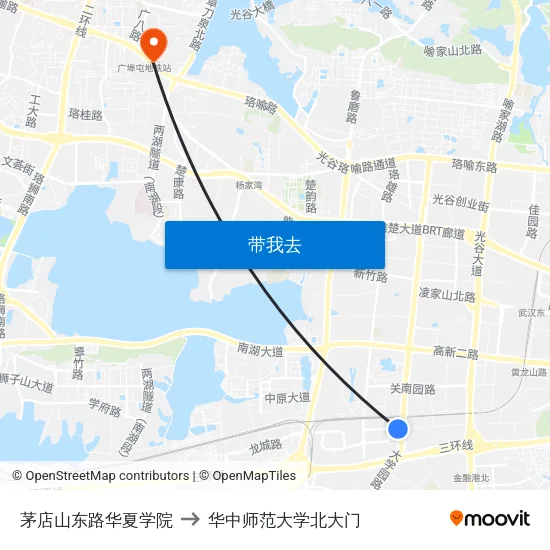 茅店山东路华夏学院 to 华中师范大学北大门 map
