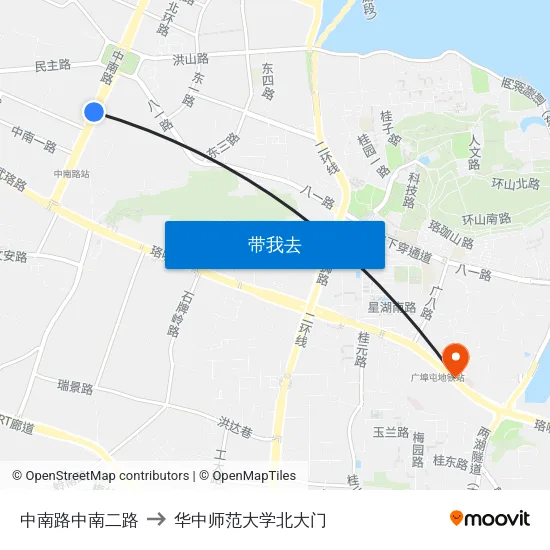 中南路中南二路 to 华中师范大学北大门 map