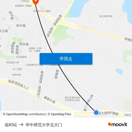 临时站 to 华中师范大学北大门 map