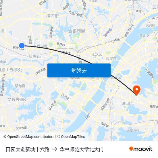 田园大道新城十六路 to 华中师范大学北大门 map