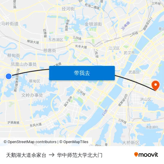 天鹅湖大道余家台 to 华中师范大学北大门 map