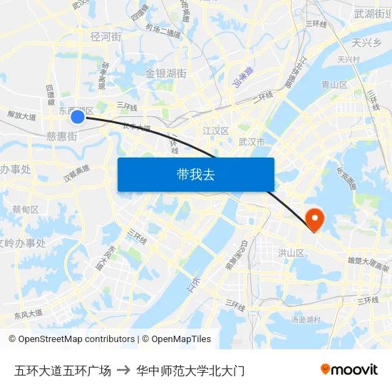五环大道五环广场 to 华中师范大学北大门 map
