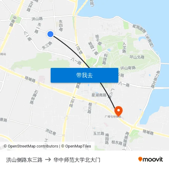 洪山侧路东三路 to 华中师范大学北大门 map