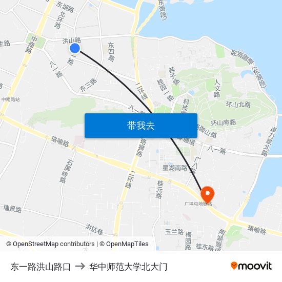 东一路洪山路口 to 华中师范大学北大门 map