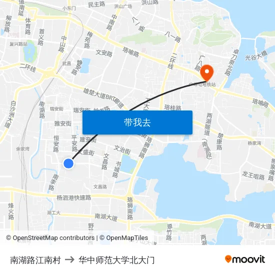 南湖路江南村 to 华中师范大学北大门 map