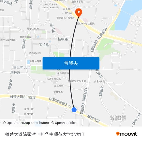 雄楚大道陈家湾 to 华中师范大学北大门 map