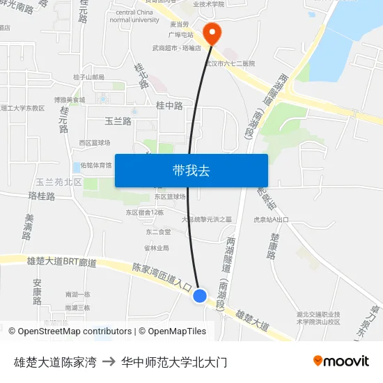 雄楚大道陈家湾 to 华中师范大学北大门 map