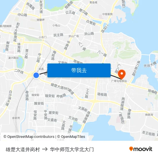 雄楚大道井岗村 to 华中师范大学北大门 map