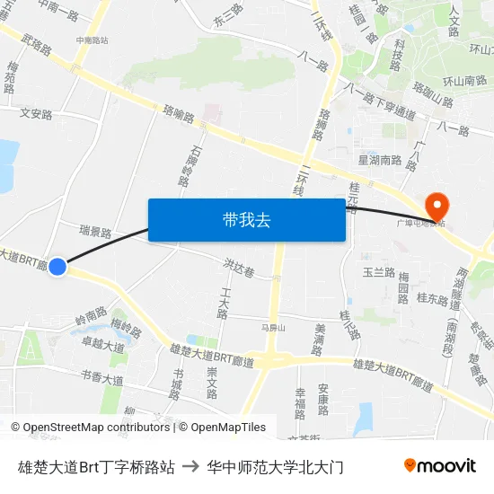 雄楚大道Brt丁字桥路站 to 华中师范大学北大门 map