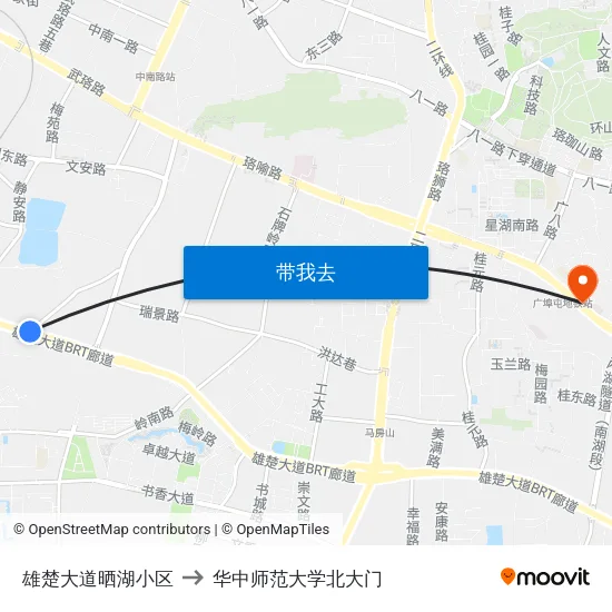 雄楚大道晒湖小区 to 华中师范大学北大门 map