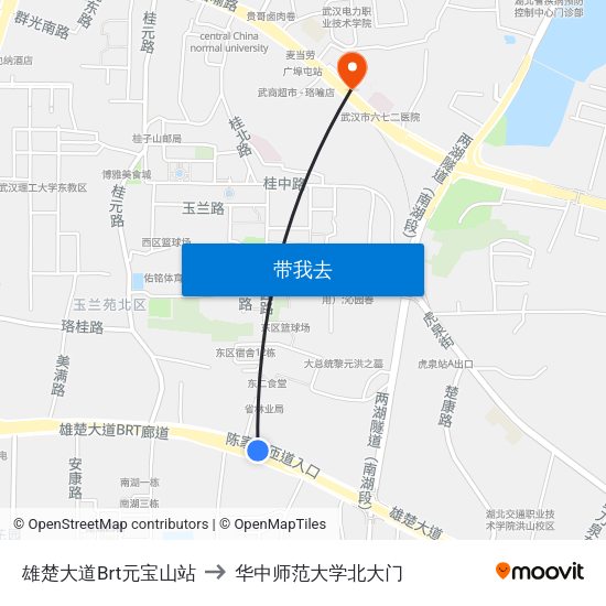 雄楚大道Brt元宝山站 to 华中师范大学北大门 map