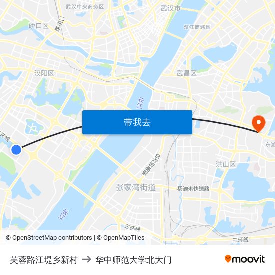 芙蓉路江堤乡新村 to 华中师范大学北大门 map