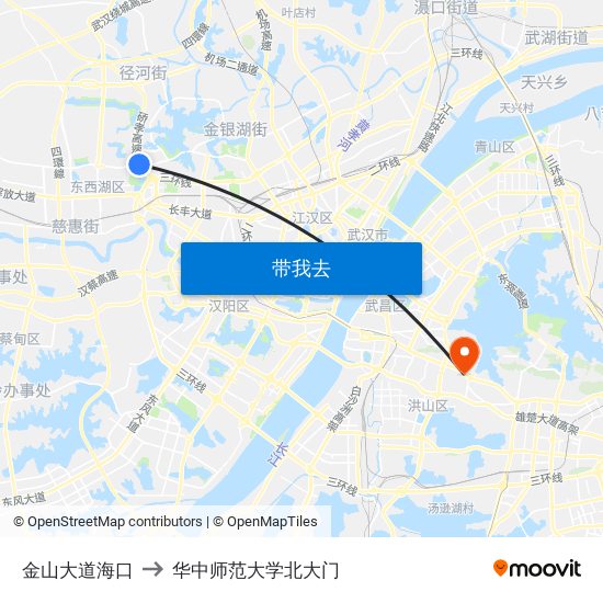 金山大道海口 to 华中师范大学北大门 map