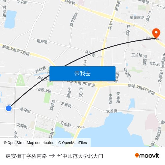 建安街丁字桥南路 to 华中师范大学北大门 map