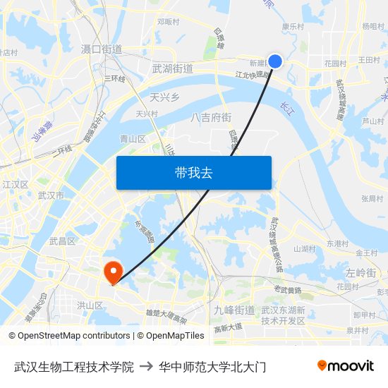 武汉生物工程技术学院 to 华中师范大学北大门 map