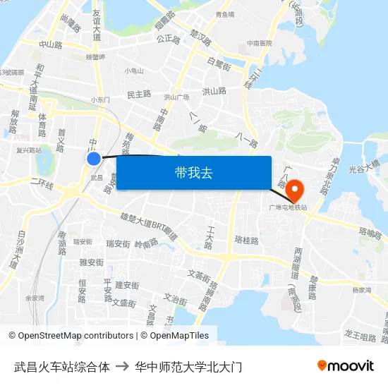 武昌火车站综合体 to 华中师范大学北大门 map