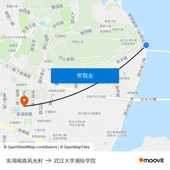 东湖南路风光村 to 武汉大学测绘学院 map